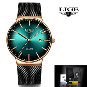 【グリーン】メンズ高品質腕時計 海外人気ブランド LIGE ファッションクール腕時計 超薄型 ダイヤル クォーツ 防水