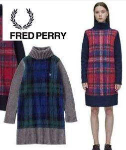 FRED PERRY フレッドペリー ニットタートルネック ワンピース ウール モヘヤ チェック ハイネック ニット