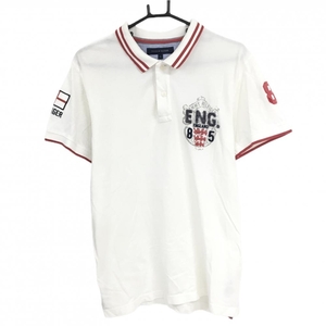 トミーヒルフィガー 半袖ポロシャツ 白×レッド ロゴ刺しゅう ダメージワッペン メンズ L ゴルフウェア Tommy Hilfiger Golf