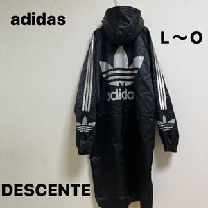 80s90s　adidas　アディダス　ベンチコート　L〜O トレフォイル　裏ボア　デサント製　コーチ　ヴィンテージ　レトロ　ブラック/シルバー