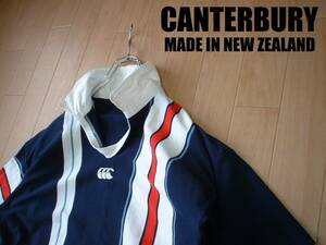 希少ニュージーランド製CANTERBURYラガーシャツ美品ストライプ柄L正規カンタベリーRUGBYジャージMADE IN NEW ZEALAND濃紺ネイビー