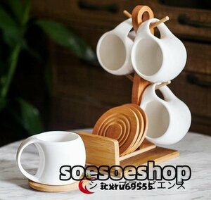 高品質★ 陶器のコーヒーカップのセットの四点組のカップ皿のセットの水カップ家庭用竹木の棚