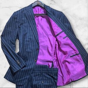 定価40万!!!紳士のオーラ!!!【エトロ ETRO】超ド級の裏地!!!唯一無二◎高級スーツ パープル XL 50サイズ グレー ストライプ ストレッチ