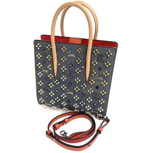 SH★ クリスチャン ルブタン Louboutin パロマ スタッズ デニム レザー 2way バッグ ハンドバッグ ショルダーストラップ付き 中古