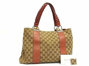 1円 ■美品■ GUCCI グッチ 232947 バンブー GG柄 GGキャンバス×レザー トートバッグ ショルダーバッグ 肩掛け ブラウン系 AY4956