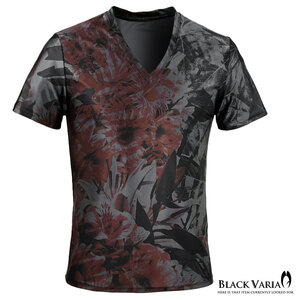 bv08-gyre BLACK VARIA ボタニカル 葉柄 花柄 プレミアム Vネック 半袖Tシャツ メンズ(グレー灰レッド赤) L 吸水速乾＆2wayストレッチ