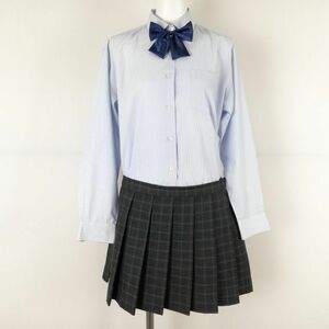 1円 ブラウス マイクロミニスカート 上下3点セット M 大きいサイズ 中間服 女子 学生服 中学 高校 ストライプ 制服 中古 ランクC NA8952