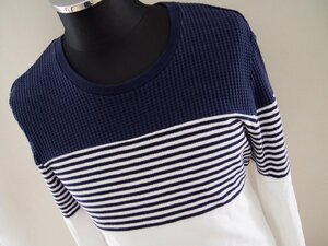 レニウムハイダウェイ★長袖クルーネックカットソー★異素材切替TEE★ワッフル地×ボーダー地 異素材切替★サイズ46★rhenium HIDEAWAYS