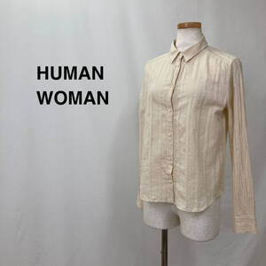 （F11-0656）HUMAN WOMAN ヒューマンウーマン アイビーストライプシャツ オレンジベージュ レディース