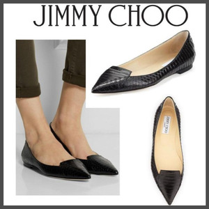 ● Jimmy Choo スネーク フラットシューズ パンプス 35.5 23cm パイソン ジミーチュウ 黒 革 レザー Attila ベビ革 新品 ブラック シンプル