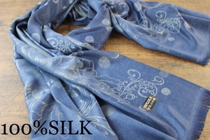 新品【シルク100% SILK】金糸織 ペイズリー 華 ドット柄 バイスブルー×ゴールド 青×金 BICE BLUE×GOLD 大判 ストール/スカーフ