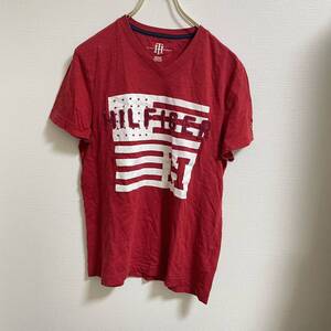 TOMMY HILFIGER 半袖Tシャツ 星条旗プリント　Vネック レッド XSサイズ レディース トミーヒルフィガー 赤 カットソー ( E-02 1059 )