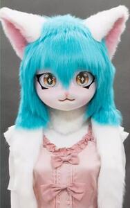 着ぐるみヘッド 猫 ミントブルー 全頭ヘッド ケモノ マスク ファースーツ ぬいぐるみ コスプレ コスチューム