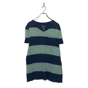 GAP 半袖 無地 Tシャツ ギャップ M ブルー ライトブルー ボーダー Vネック 古着卸 アメリカ仕入 a605-6943