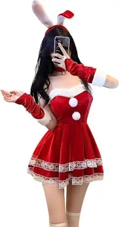 セクシーバニーガール♡ クリスマス バニーサンタ コスプレ♡5点セット 赤