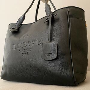 【美品/高級ライン】LOEWE ロエベ トートバッグ 型押しロゴ ヘリテージ メンズ レディース ビジネス A4 肩掛け レザー シボ革 ブラック 黒