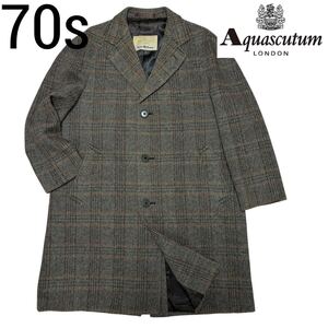 70s■アクアスキュータム■パネルライン ラグラン ツイード チェスターコート L カーキ ブラウン イングランド製 Aquascutum ヴィンテージ