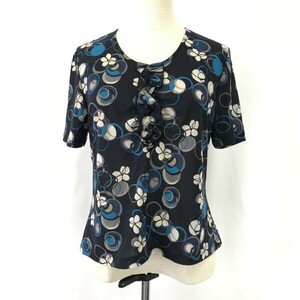 日本製☆HANAE MORI/ハナエモリ☆半袖カットソー/フリルTシャツ【レディースL/blue】花柄/ブラウス/リボン/Tops/Shirts/dress◇cBH773