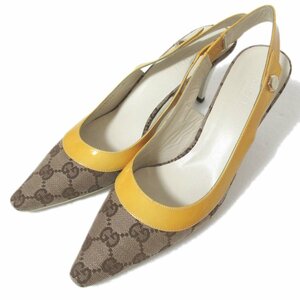 美品 GUCCI グッチ GG柄 キャンバス×パテントレザー バックストラップ ミュール サンダル 36.5 23.5cm相当 ベージュ×イエロー×ホワイト