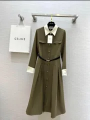 CELINE オリーブグリーン シャツワンピース 長袖 ベルト付き