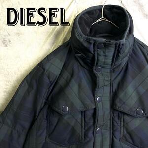 美品 DIESEL ディーゼル ブラックウォッチ チェック柄 テフロン加工 ダウンジャケット グリーン×ネイビー 緑・紺 S