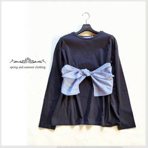 美品♪ LE CIEL BLEUルシェルブルー ＊Scarf Knot Tops コットン100％ レイヤード スカーフ リボン トップス♪ネイビー38 レディース HF