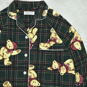 Cute bear & Check flannel pajama shirtレディース L～相当 クマさん & タータンチェック 総柄 プリント フラ