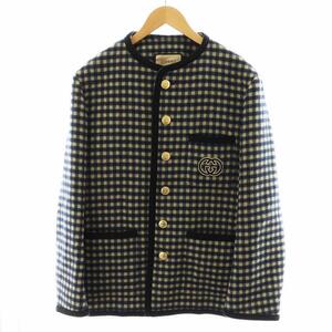 グッチ GUCCI Wool Gingham Jacket Interlocking G ノーカラージャケット チェック柄 ロゴ 金ボタン ウール 48 M ベージュ 青