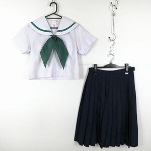 1円 セーラー服 スカート スカーフ 上下3点セット 160A 夏物 緑1本線 女子 学生服 中学 高校 白 制服 中古 ランクC NA9874