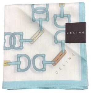 未使用 セリーヌ ハンカチ　ロゴ　ビット　　ホワイト　ブルー　水色 スカーフ CELINE　コットン　レディース　【中古】