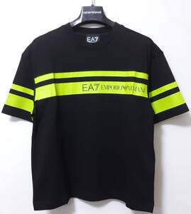 [新品] 12A(12歳) EA7 / ARMANI JUNIOR　黄色コントラストボーダーロゴ入り【半袖Tシャツ】◆2024年春夏モデル　男の子用 150cm　◆色：黒