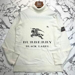 美品/カシミヤ混 3 (L) ●BURBERRY BLACK LABEL バーバリーブラックレーベル タートルネック ニット ホース刺繍 白 ウール ノバストライプ