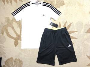 送料込み!!★新品★adidasアディダス★150★快適!!3ストライプ半袖Ｔシャツ(ホワイト 白)・軽量快適!!ハーフパンツ(グレー)★上下★即決