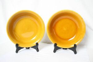 ベルギー ヴィンテージ BOCH 古い陶器のスープ皿 きつね色 2枚セット 美品