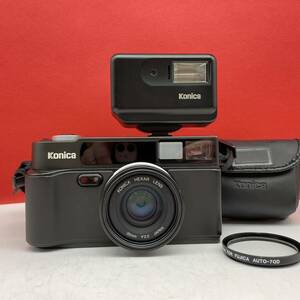 □ KONICA HEXAR black コンパクトフィルムカメラ 35mm F2.0 動作確認済 シャッター、露出計OK ストロボ コニカ