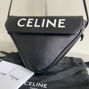 1円 【 極美品 】 セリーヌ CELINE ショルダーバッグ トライアングル 三角 黒 ブラック レザー ロゴ 斜め掛け カード 袋 付属