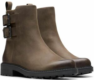 送料無料 Clarks 24cm アンクル ブーツ モール グレー レザー 革 ラグ ソール コンフォート ブーティー パンプス スニーカー AAA263