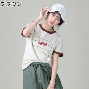 G611 Lee リー Right-on 限定 リンガー Tシャツ 半袖 カットソー レトロ ロゴ オーバーサイズ コットン レディース ベージュ サイズ L