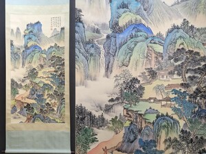 古びた蔵 中国書画 清代画家『黄山壽 青緑山水図 肉筆紙本』中国画 掛け軸 書画立軸 巻き物 古美術 骨董品