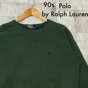 90s Polo by Ralph Lauren ポロ ラルフローレン スウェット トレーナー ラグラン ヴィンテージ ナイガイ 刺繍ロゴ グリーン 玉FL3269