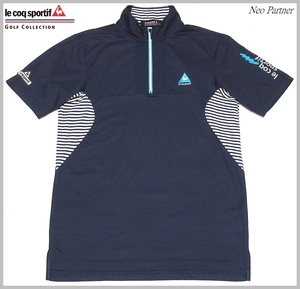 即決 極美品 le coq sportif GOLF ルコックゴルフ ボーダー切替 吸汗速乾 ストレッチ ハーフジップ モックネックシャツ ネイビー L メンズ