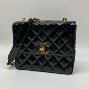 美品 CHANEL シャネル エナメル デカココマーク チェーンショルダーバッグ ワンショルダー マトラッセ ブラック ゴールド金具