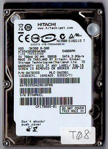 ★T08 Hitachi 日立 2.5inch HDD HTS545050B9A300 500GB 9mm厚 CrystalDiskInfo：正常判定品 4462時間