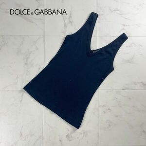 美品 DOLCE&GABBANA ドルチェ&ガッバーナ コットンリブ Vネックタンクトップ ノースリーブトップス レディース 紺 サイズ42*RC251