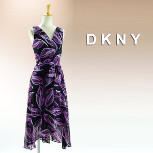 新品 DKNY 4/9号 ダナキャラン 黒 紫 白 シフォン ワンピース パーティドレス 結婚式 二次会 披露宴 フォーマル 発表会 演奏会 華42J0816