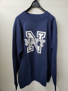 90s NAVY プリントロゴ　ラグランスウェット　クラック　ネイビーフェード トレーナー ビンテージ 古着 カレッジ アメカジ クルーネック US