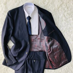 ダンヒル　【dunhill】　スーツ　セットアップ　テーラードジャケット　ネイビー　XL相当　総裏　ストライプ　毛　メンズ　ブレザー　65