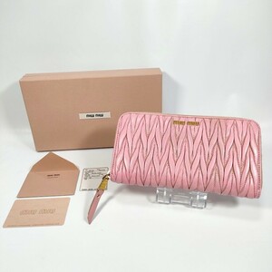 miu miu ミュウミュウ ラウンドファスナー 長財布 マテラッセ ナッパレザー ゴールド金具 ピンク 羊革 箱あり 5ML506 レディース 人気