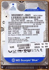 WESTERN DIGITAL WD3200BEVT [320GB 2.5インチ 9.5mm SATA HDD 2011年製 使用時間 467103H (Cristal DiscInfo 正常) (管:KH530