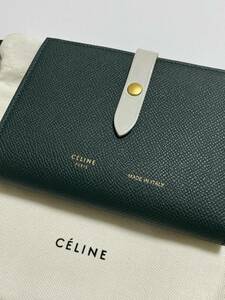 CELINE セリーヌ ミディアムストラップ ウォレット コンパクト 二つ折り財布 グリーン グレー バイカラー 付属品多数 送料込み 状態良好